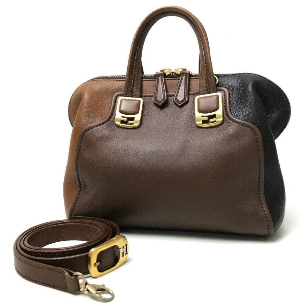 Authentic Fendi Chameleon Hand Bag Shoulder Bag 2way Bag Brown Leather